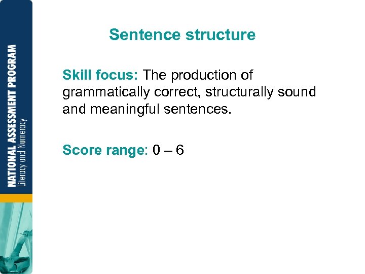 Sentence structure Skill focus: The production of grammatically correct, structurally sound and meaningful sentences.