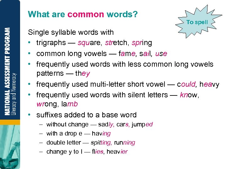 What are common words? To spell Single syllable words with • trigraphs — square,