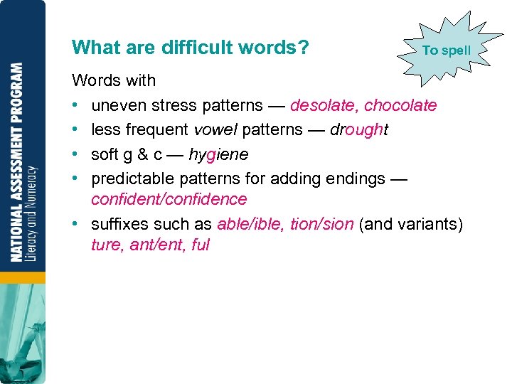 What are difficult words? To spell Words with • uneven stress patterns — desolate,