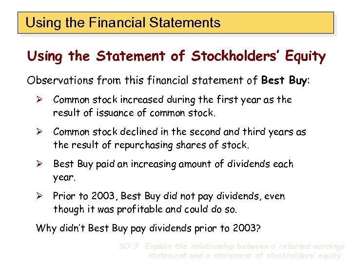 Using the Financial Statements Using the Statement of Stockholders’ Equity Observations from this financial