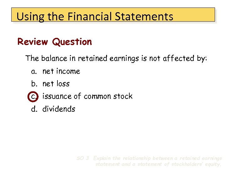 Using the Financial Statements Review Question The balance in retained earnings is not affected