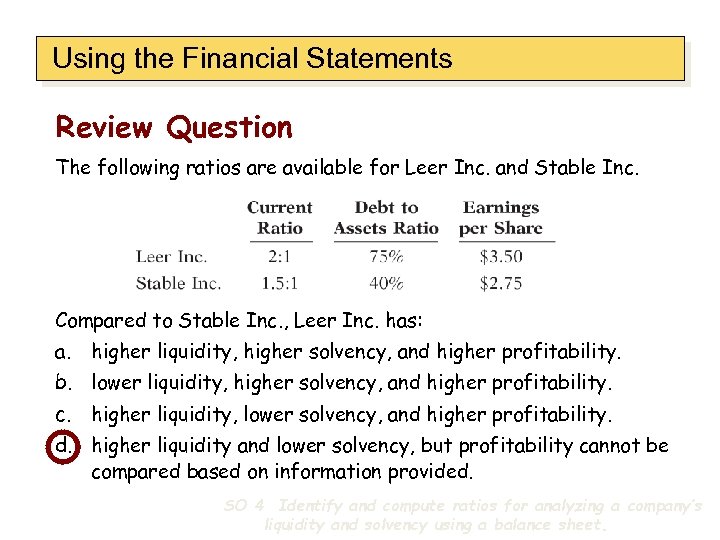 Using the Financial Statements Review Question The following ratios are available for Leer Inc.