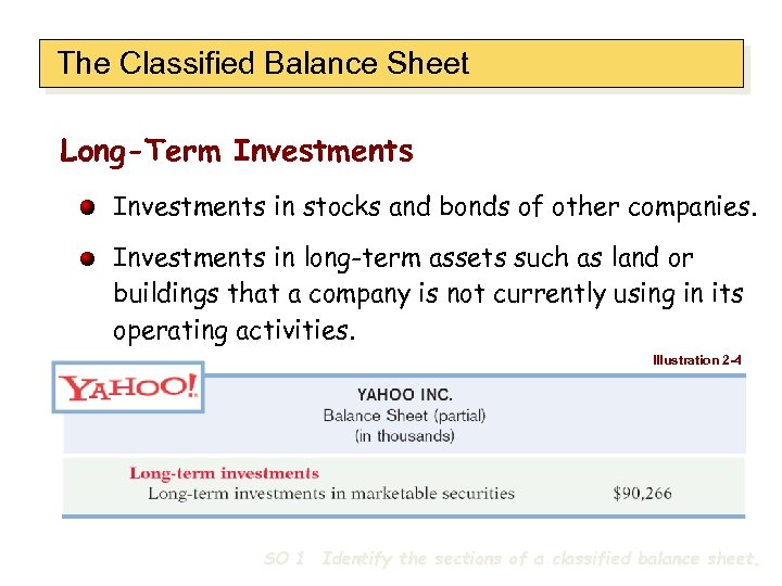 The Classified Balance Sheet Long-Term Investments in stocks and bonds of other companies. Investments