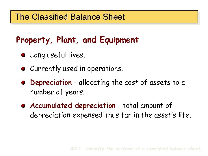 The Classified Balance Sheet Property, Plant, and Equipment Long useful lives. Currently used in