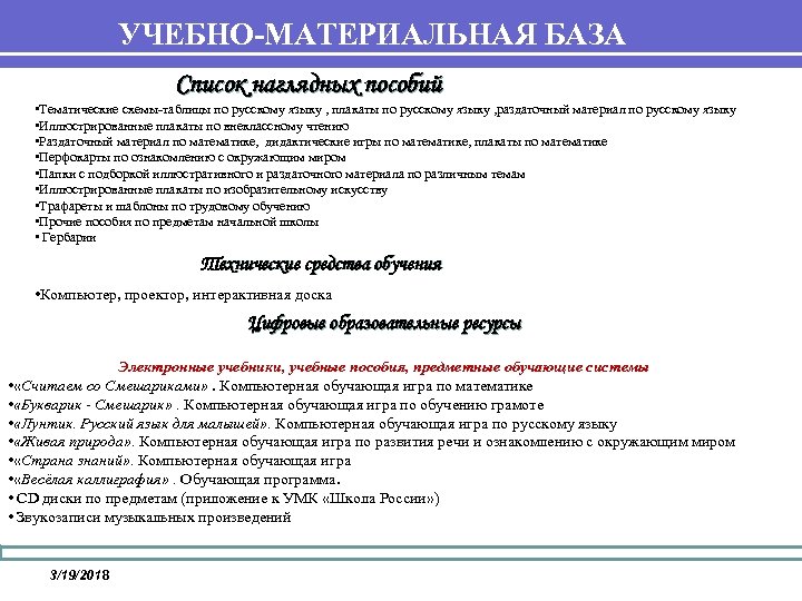 УЧЕБНО-МАТЕРИАЛЬНАЯ БАЗА Список наглядных пособий • Тематические схемы-таблицы по русскому языку , плакаты по