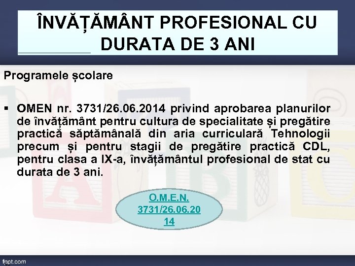 ÎNVĂȚĂM NT PROFESIONAL CU DURATA DE 3 ANI Programele școlare § OMEN nr. 3731/26.