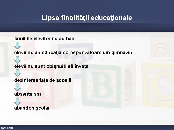 Lipsa finalităţii educaţionale familiile elevilor nu au bani elevii nu au educaţia corespunzătoare din