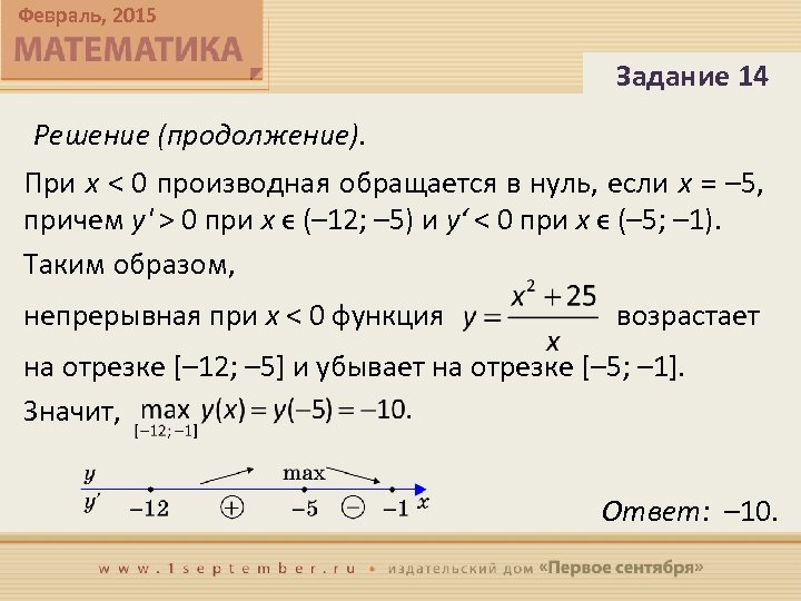 Февраль, 2015 Задание 14 Решение (продолжение). При x < 0 производная обращается в нуль,