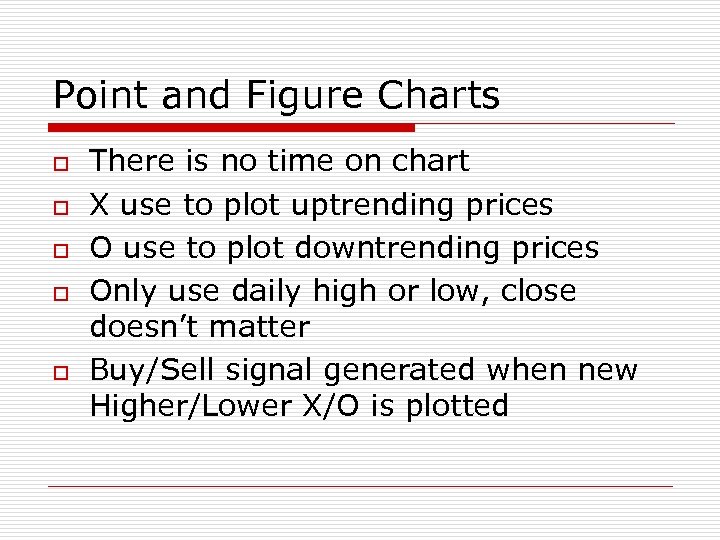 Point and Figure Charts o o o There is no time on chart X