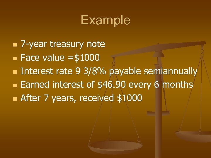 Example n n n 7 -year treasury note Face value =$1000 Interest rate 9
