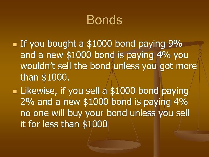 Bonds n n If you bought a $1000 bond paying 9% and a new