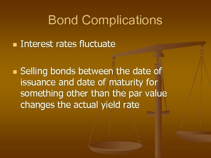 Bond Complications n n Interest rates fluctuate Selling bonds between the date of issuance