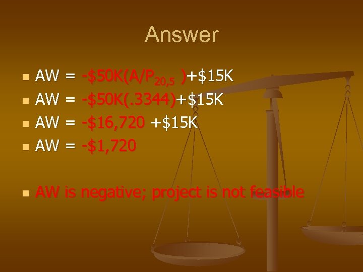 Answer n AW = -$50 K(A/P 20, 5 )+$15 K AW = -$50 K(.