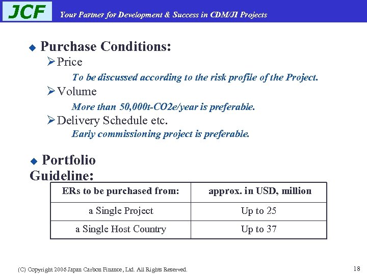 JCF u Your Partner for Development & Success in CDM/JI Projects Purchase Conditions: Ø