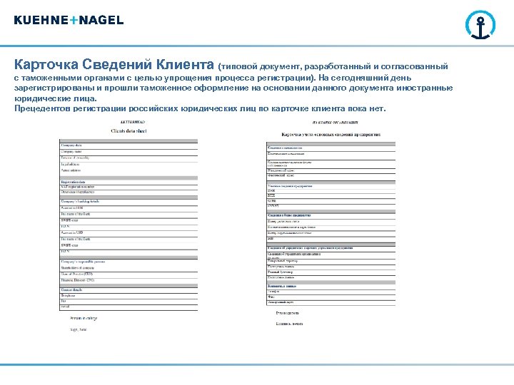 Карточка Сведений Клиента (типовой документ, разработанный и согласованный с таможенными органами с целью упрощения