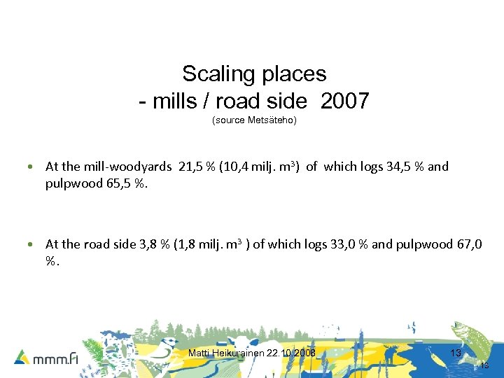 Scaling places - mills / road side 2007 (source Metsäteho) • At the mill-woodyards