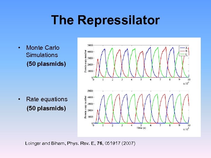 The Repressilator • Monte Carlo Simulations (50 plasmids) • Rate equations (50 plasmids) Loinger