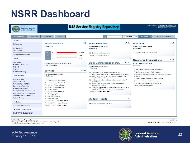 NSRR Dashboard SOA Governance January 11, 2011 Federal Aviation Administration 22 