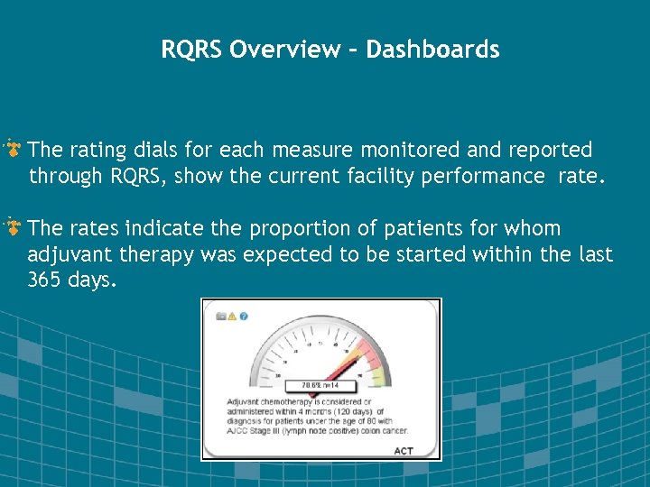 RQRS Overview - Dashboards The rating dials for each measure monitored and reported through