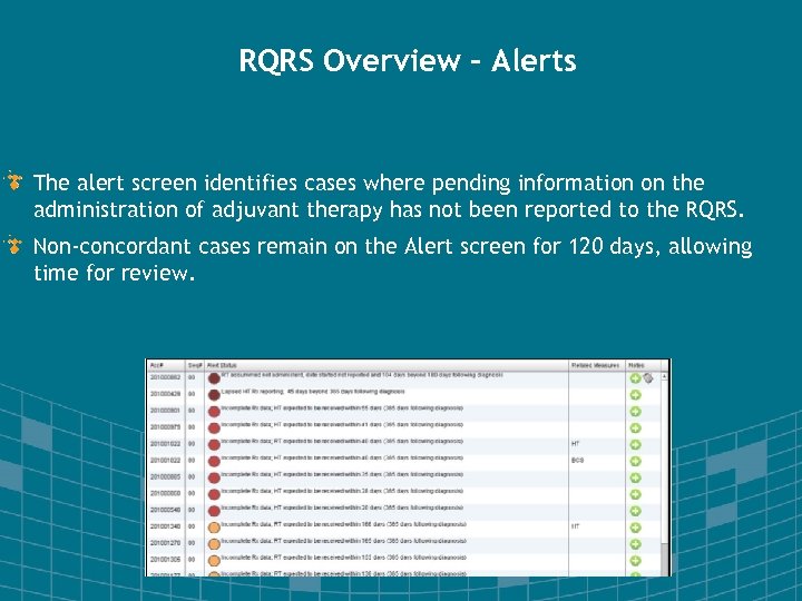 RQRS Overview - Alerts The alert screen identifies cases where pending information on the