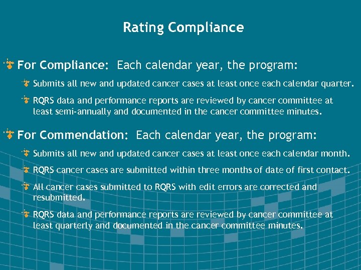 Rating Compliance For Compliance: Each calendar year, the program: Submits all new and updated