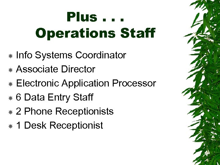Plus. . . Operations Staff Info Systems Coordinator Associate Director Electronic Application Processor 6