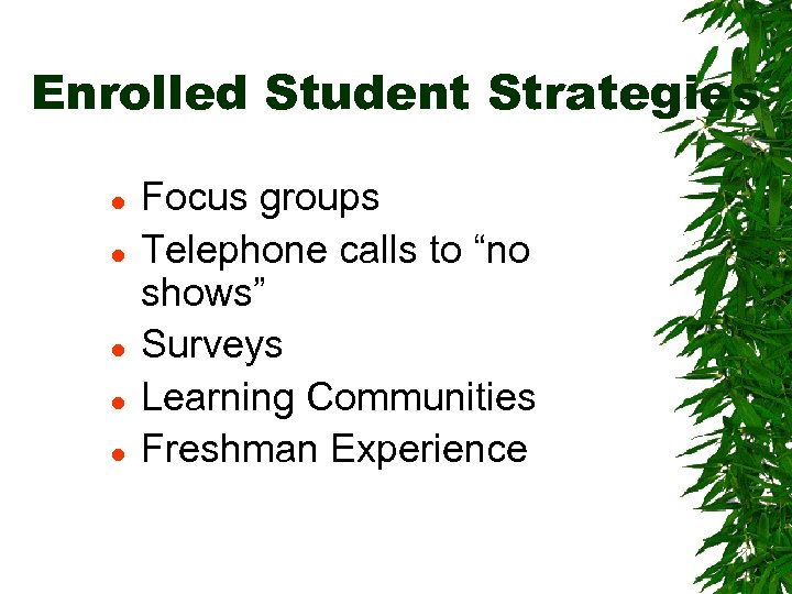 Enrolled Student Strategies l l l Focus groups Telephone calls to “no shows” Surveys
