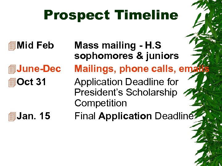 Prospect Timeline 4 Mid Feb 4 June-Dec 4 Oct 31 4 Jan. 15 Mass