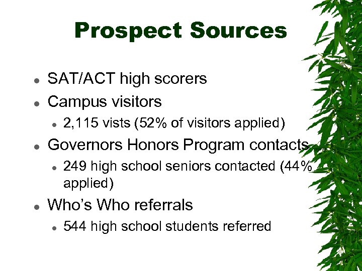 Prospect Sources l l SAT/ACT high scorers Campus visitors l l Governors Honors Program