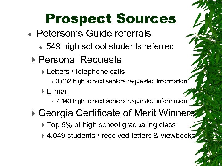 Prospect Sources l Peterson’s Guide referrals l 549 high school students referred 4 Personal