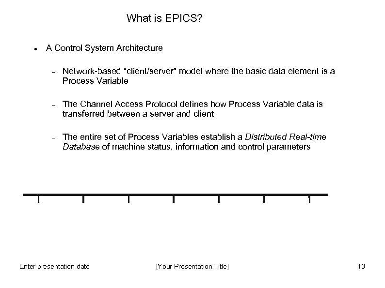 What is EPICS? A Control System Architecture Network-based “client/server” model where the basic data