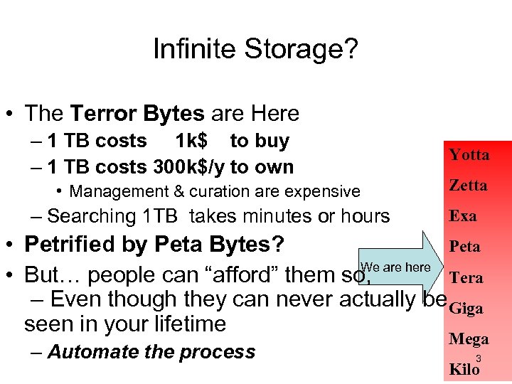 Infinite Storage? • The Terror Bytes are Here – 1 TB costs 1 k$