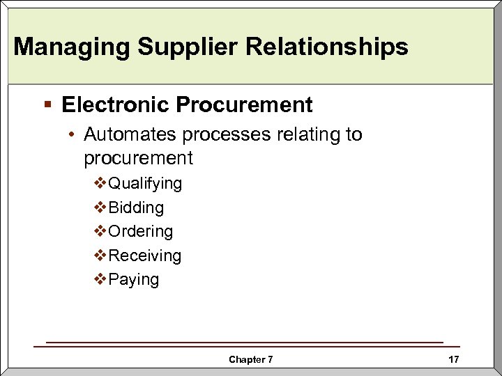 Managing Supplier Relationships § Electronic Procurement • Automates processes relating to procurement v. Qualifying