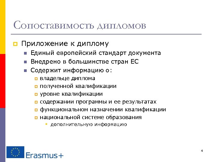 Сопоставимость дипломов p Приложение к диплому n n n Единый европейский стандарт документа Внедрено