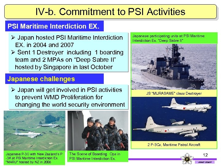 IV-b. Commitment to PSI Activities PSI Maritime Interdiction EX. Japan hosted PSI Maritime Interdiction