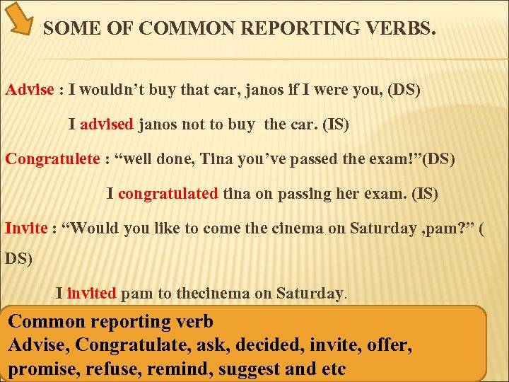 SOME OF COMMON REPORTING VERBS. Advise : I wouldn’t buy that car, janos if
