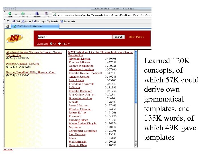 Learned 120 K concepts, of which 57 K could derive own grammatical templates, and