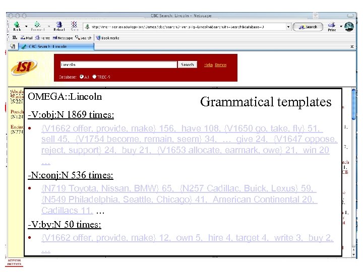 OMEGA: : Lincoln -V: obj: N 1869 times: • Grammatical templates {V 1662 offer,