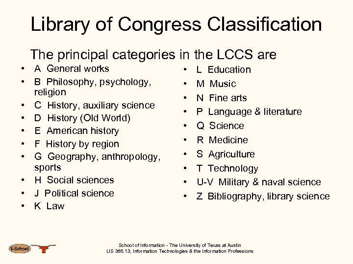 Library of Congress Classification The principal categories in the LCCS are • A General