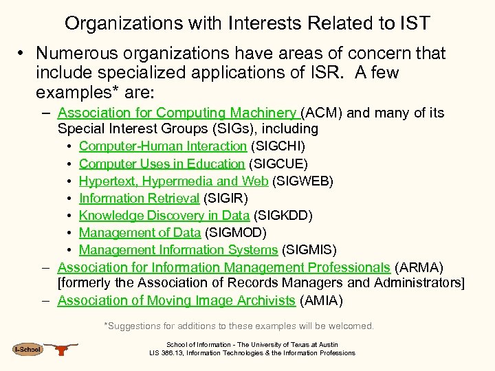 Organizations with Interests Related to IST • Numerous organizations have areas of concern that