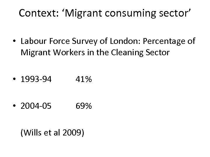 Context: ‘Migrant consuming sector’ • Labour Force Survey of London: Percentage of Migrant Workers