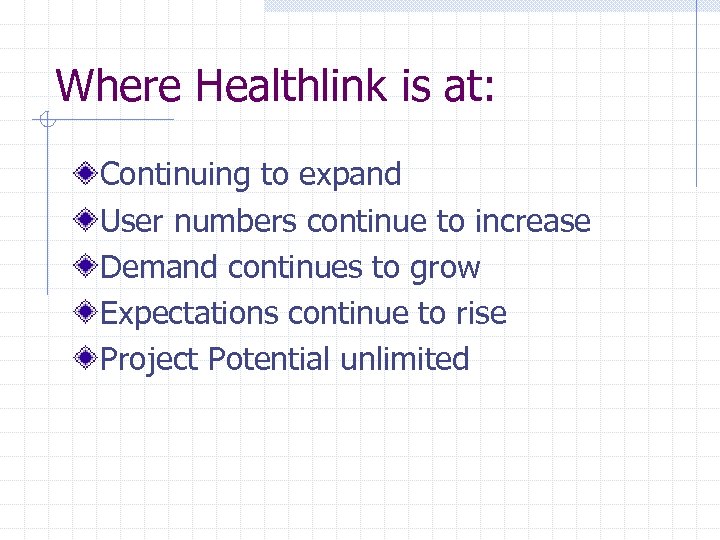 Where Healthlink is at: Continuing to expand User numbers continue to increase Demand continues