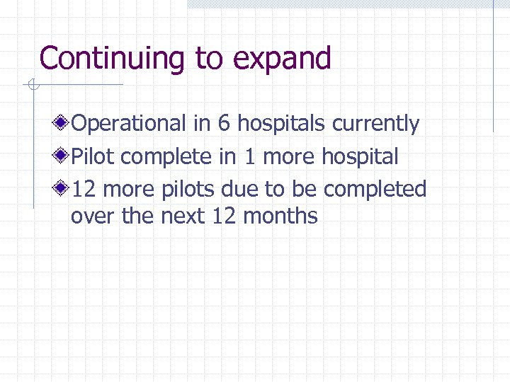 Continuing to expand Operational in 6 hospitals currently Pilot complete in 1 more hospital