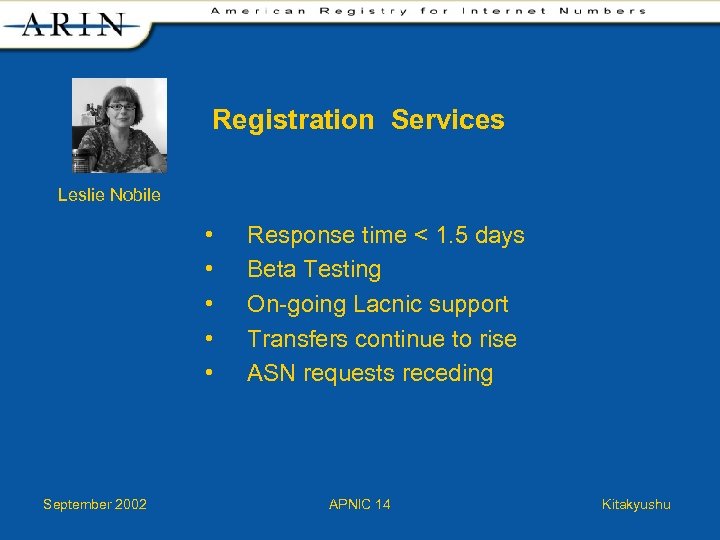 Registration Services Leslie Nobile • • • September 2002 Response time < 1. 5