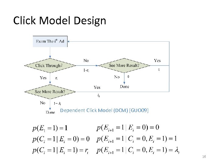 Click Model Design Dependent Click Model (DCM) [GUO 09] 16 