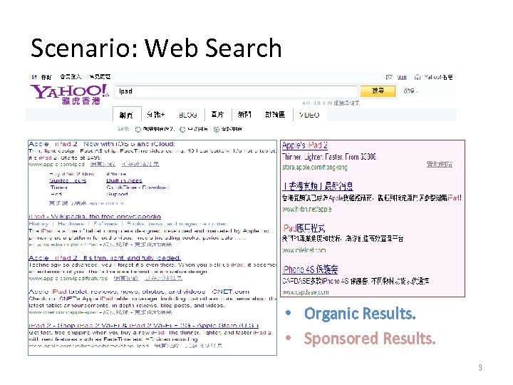 Scenario: Web Search • Organic Results. • Sponsored Results. 3 