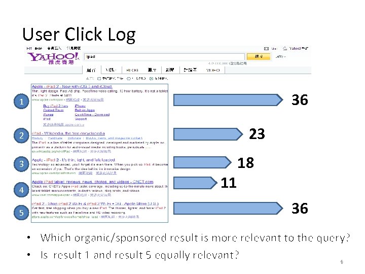 User Click Log 36 1 23 2 18 3 4 5 11 36 •