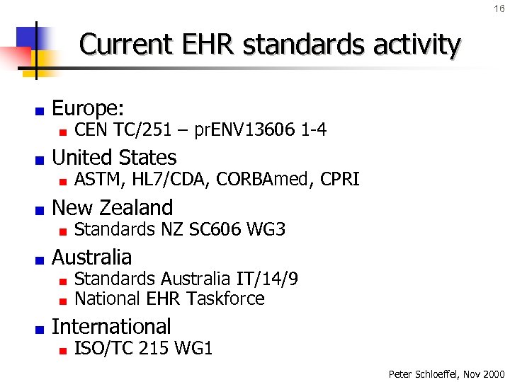 16 Current EHR standards activity Europe: CEN TC/251 – pr. ENV 13606 1 -4