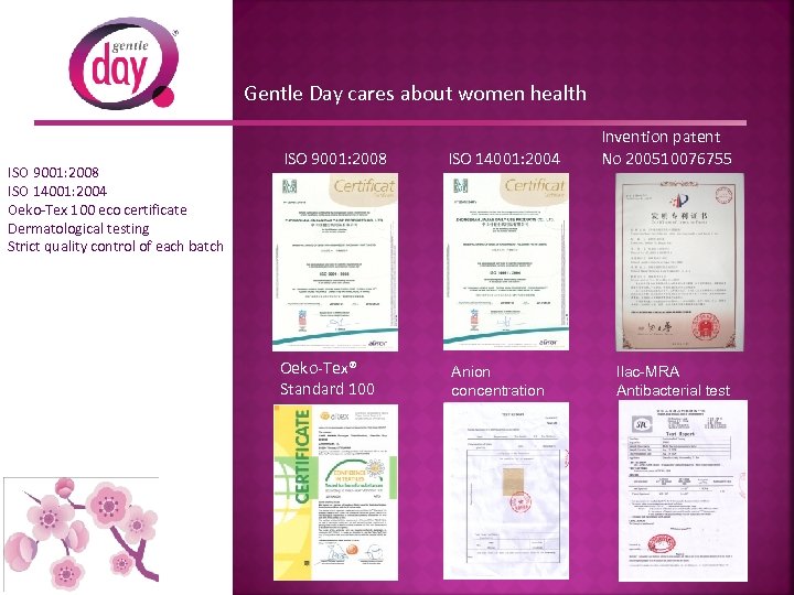Gentle Day cares about women health ISO 9001: 2008 ISO 14001: 2004 Oeko-Tex 100