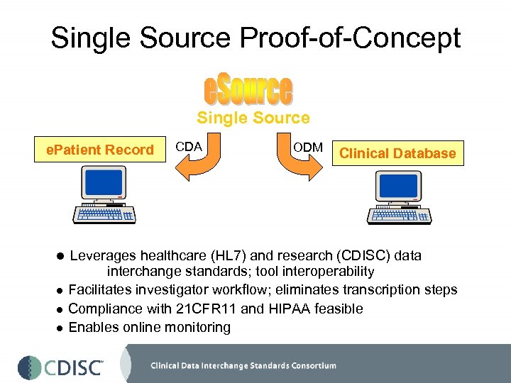 Single Source Proof-of-Concept Single Source e. Patient Record CDA ODM Clinical Database l Leverages